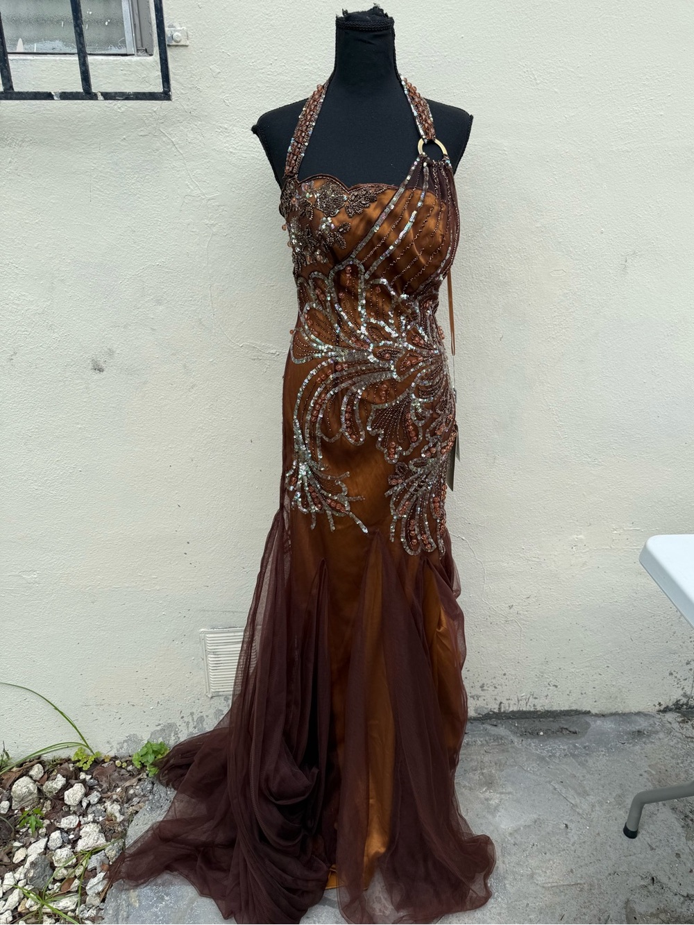 Vintage Sherry Haute Couture Embellished Brown Halter Evening Gown size 10